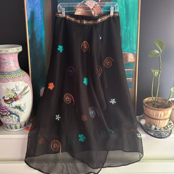 Goddess Wear Boho Hippie Black A-Line Skirt with Multicolor Embroidery One Size - Picture 1 of 16